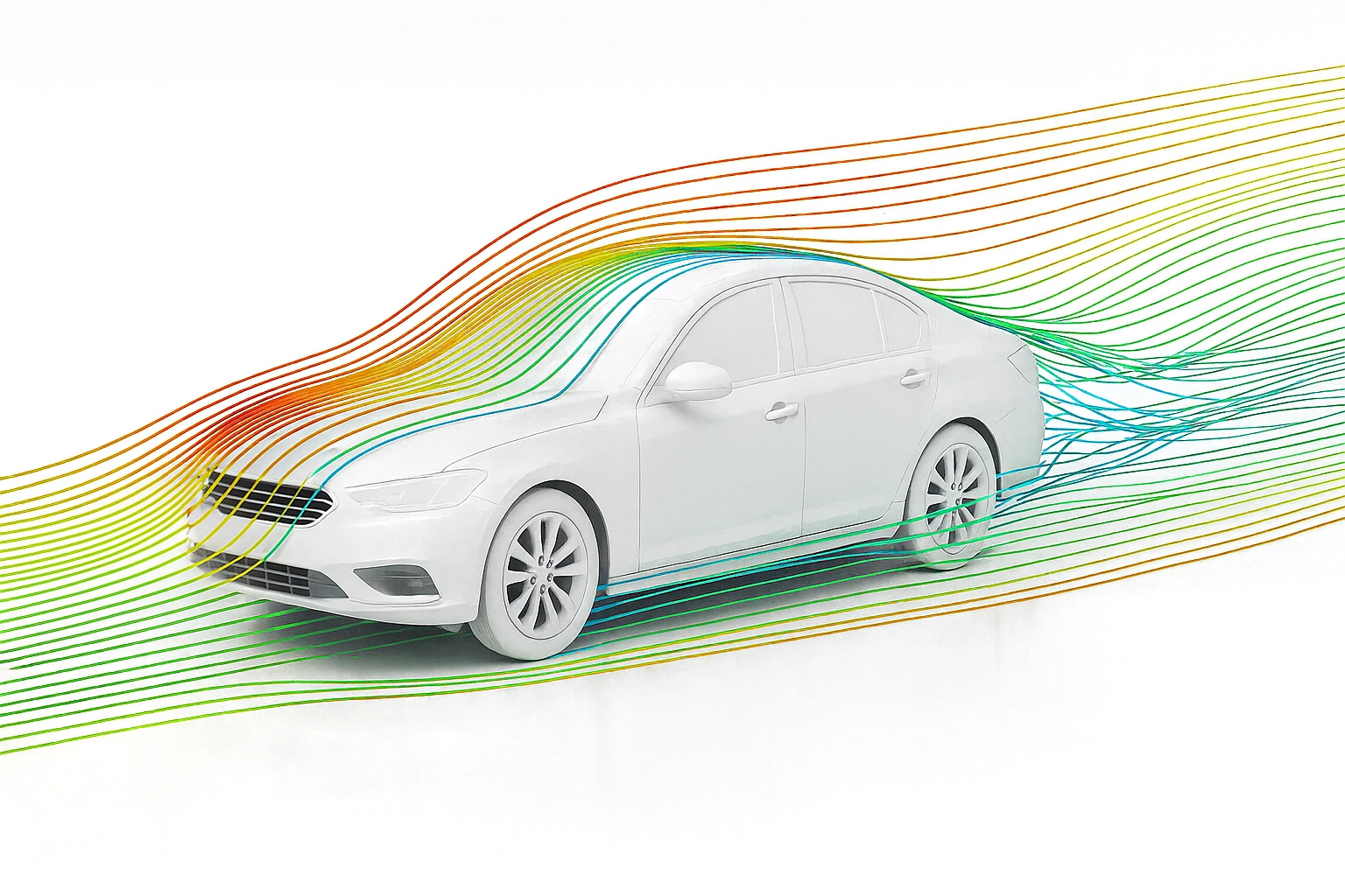 Colorful CFD streamlines around a white sedan car showing aerodynamic airflow patterns.