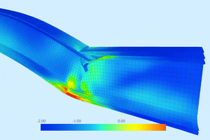Finite element simulation showing stress distribution in a curved structural component