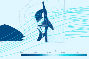 CFD simulation showing internal fluid flow streamlines around a rotating valve component