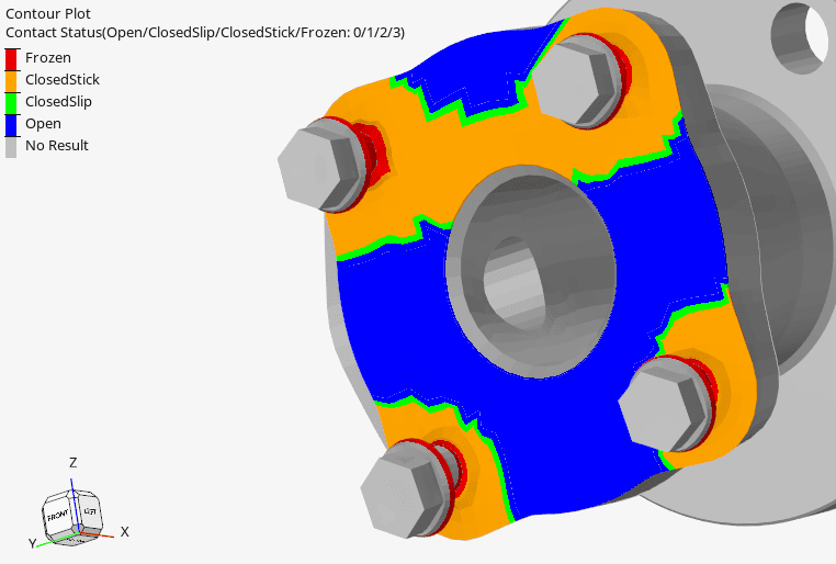 Finite element contact status plot showing cleavage in a bolted flange under lateral load. The simulation reveals loss of contact despite acceptable stresses, highlighting a critical sealing and leakage risk missed by force-based checks.