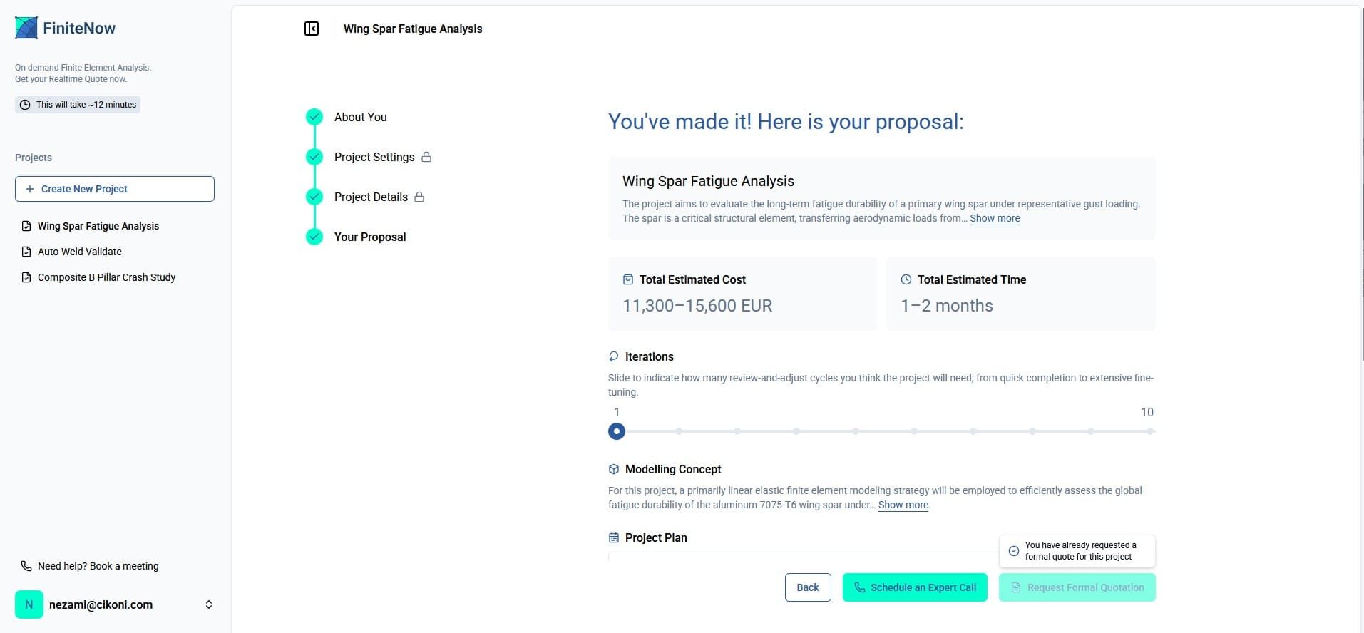 Engineering simulation platform showing final project proposal with cost and timeline estimate