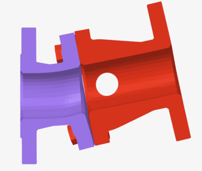 Exaggerated (400×) finite element deformation plot of a bolted flange and casing, illustrating prying-induced opening at the joint interface that leads to cleavage and potential leakage.
