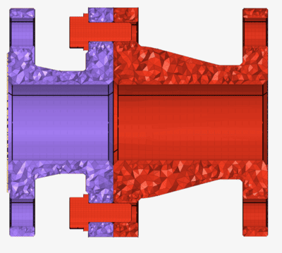 Sectioned finite element mesh of a bolted hydraulic casing, displaying elements, separated casing halves, and detailed geometry used for nonlinear contact, pretension, and sealing simulations.