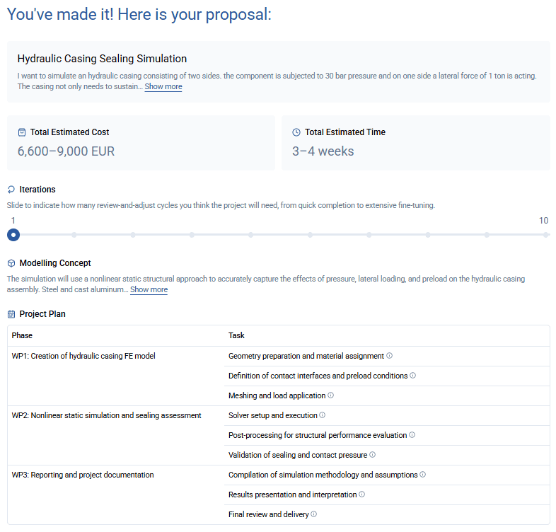 Simulation proposal dashboard showing a hydraulic casing sealing simulation with 30 bar internal pressure and 1-ton lateral load, including estimated cost of 6,600–9,000 EUR, a 3–4 week timeline, iteration slider, nonlinear modeling concept, and a structured finite element project plan.
