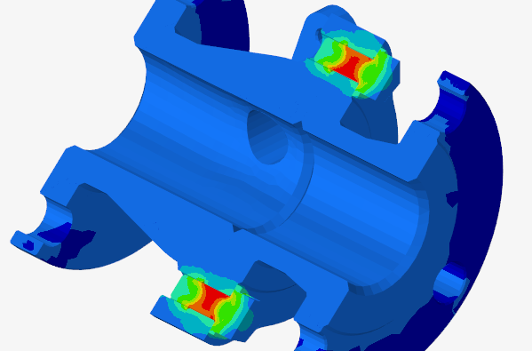 Force path visualization around screws in a mechanical hub showing load transfer from fasteners into the main body