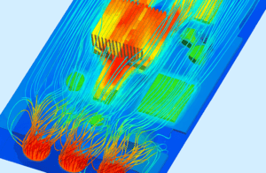 Thermal simulation showing heat transfer and temperature distribution in a complex system