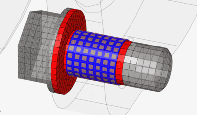 Finite element model of a bolted joint showing an incorrect contact definition where the entire screw shaft and head are bonded to both components, a common FEA error that leads to unrealistic load transfer and invalid cleavage and sealing results.