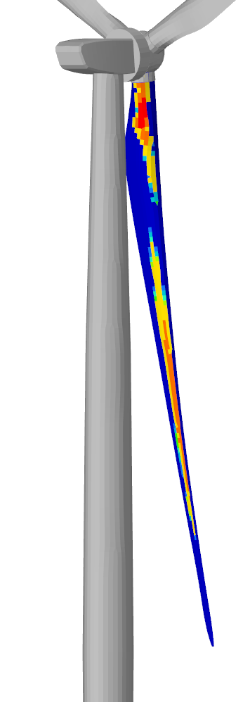Fatigue damage contour on aluminum wind turbine blade showing high stress near root